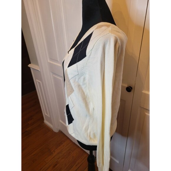 Ivory/Black/Tan Argyle Sweater Izod L Preppy Academia Old Money Neutral Tennis - Picture 5 of 6